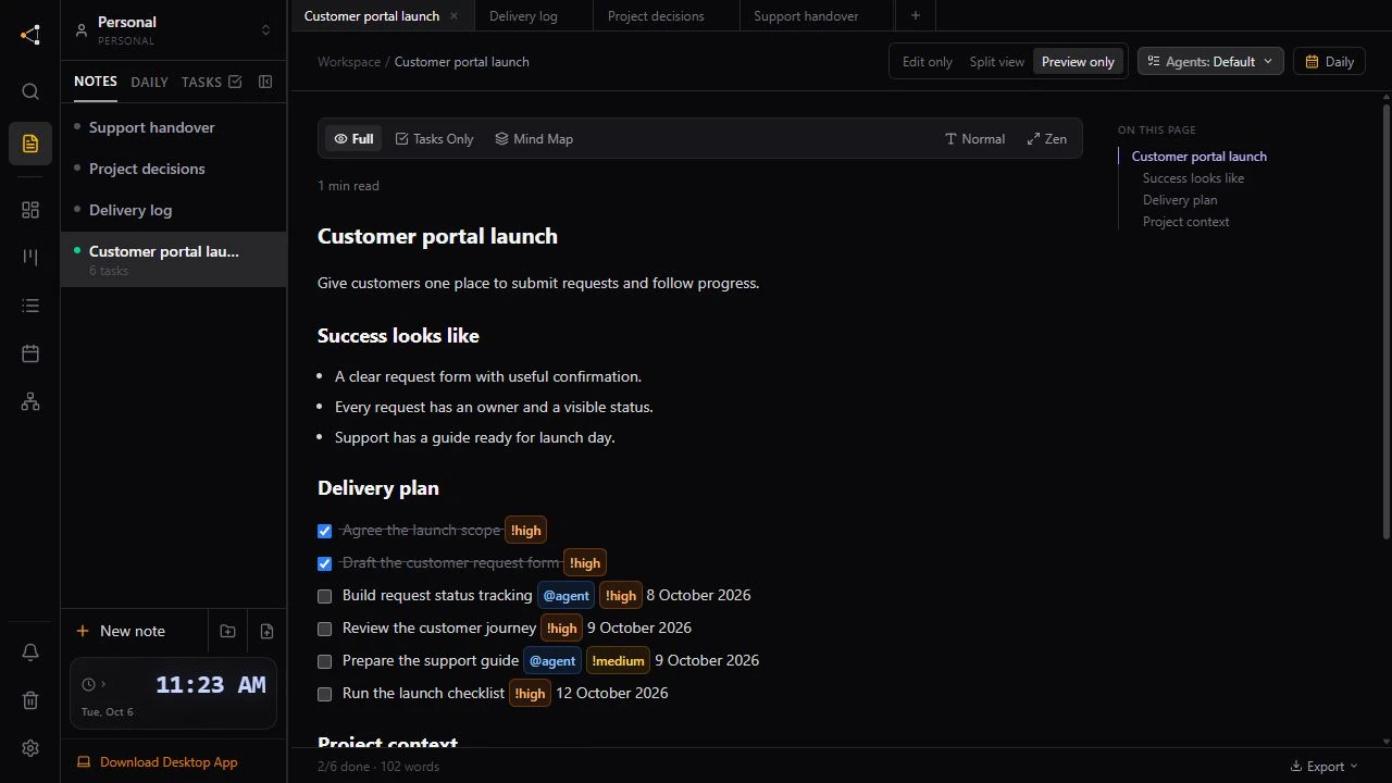 Project brief containing goals and checkbox tasks