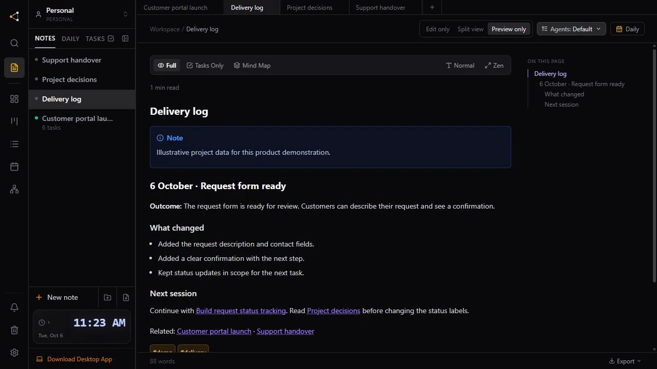 Delivery log with results, checks and next steps
